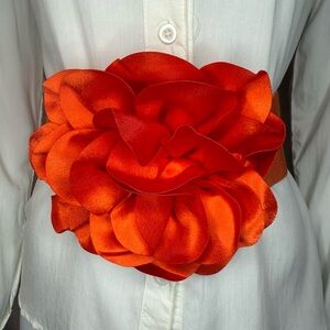 Orange statement satin flower wide elastic waistband belt